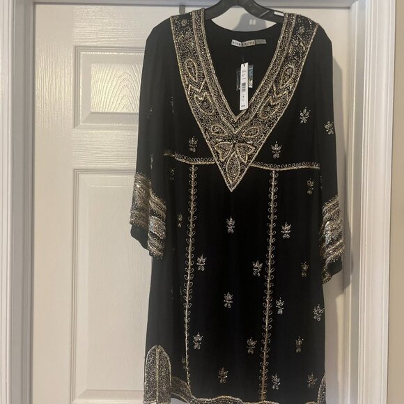 Alice + Olivia Ray Embroidered Mini Dress, Black/gold  size M - Picture 2 of 10
